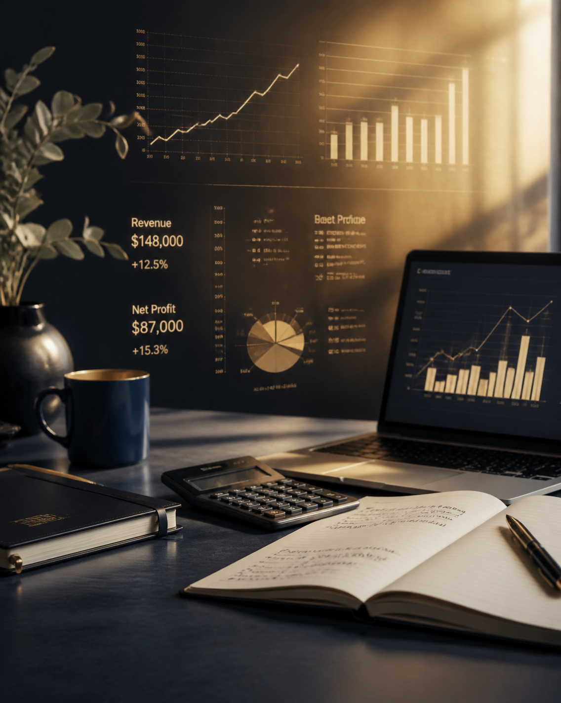 A refined accounting workspace with glowing financial charts, a calculator, and an open ledger